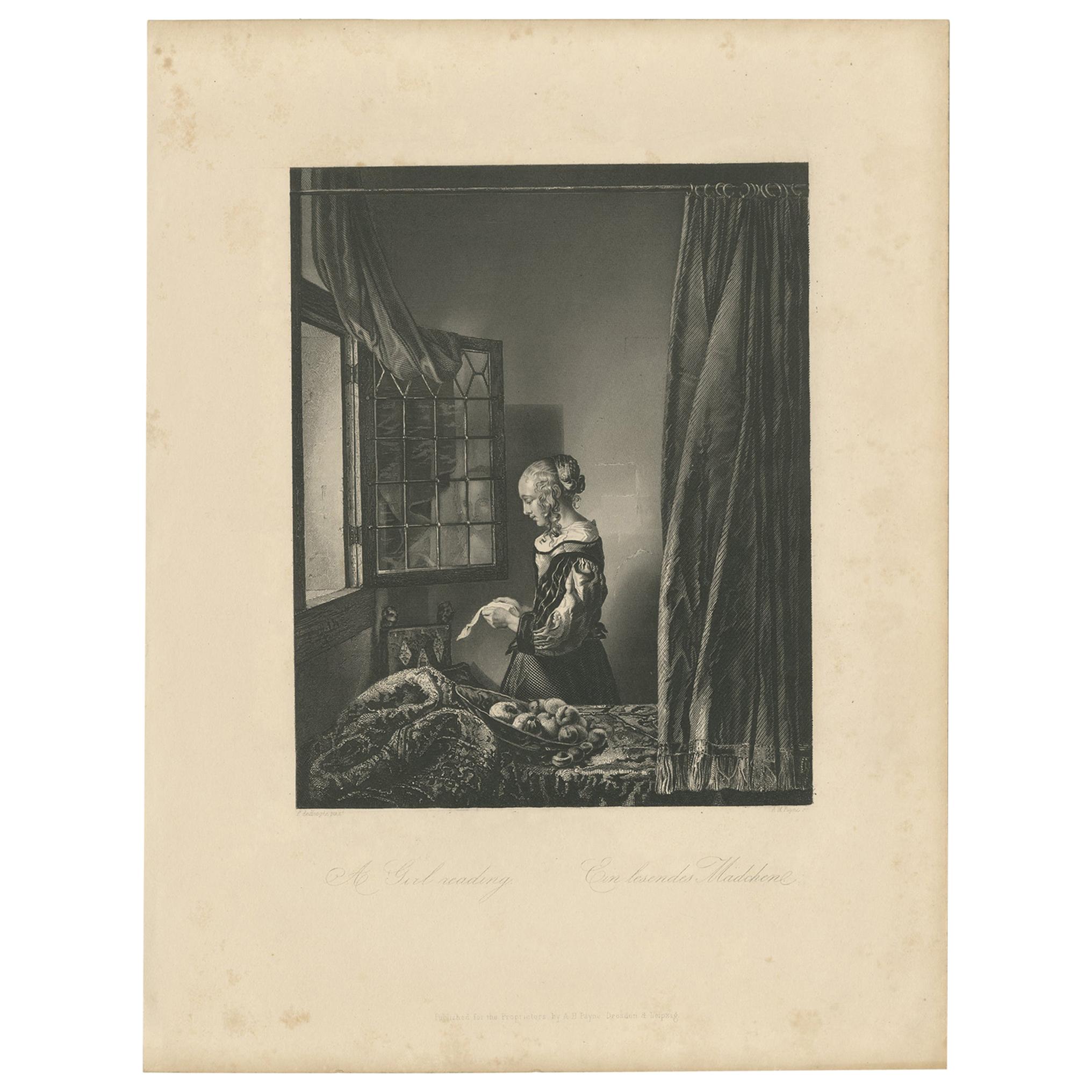 Antique Print of a Girl Reading by Payne, 'c.1860' For Sale