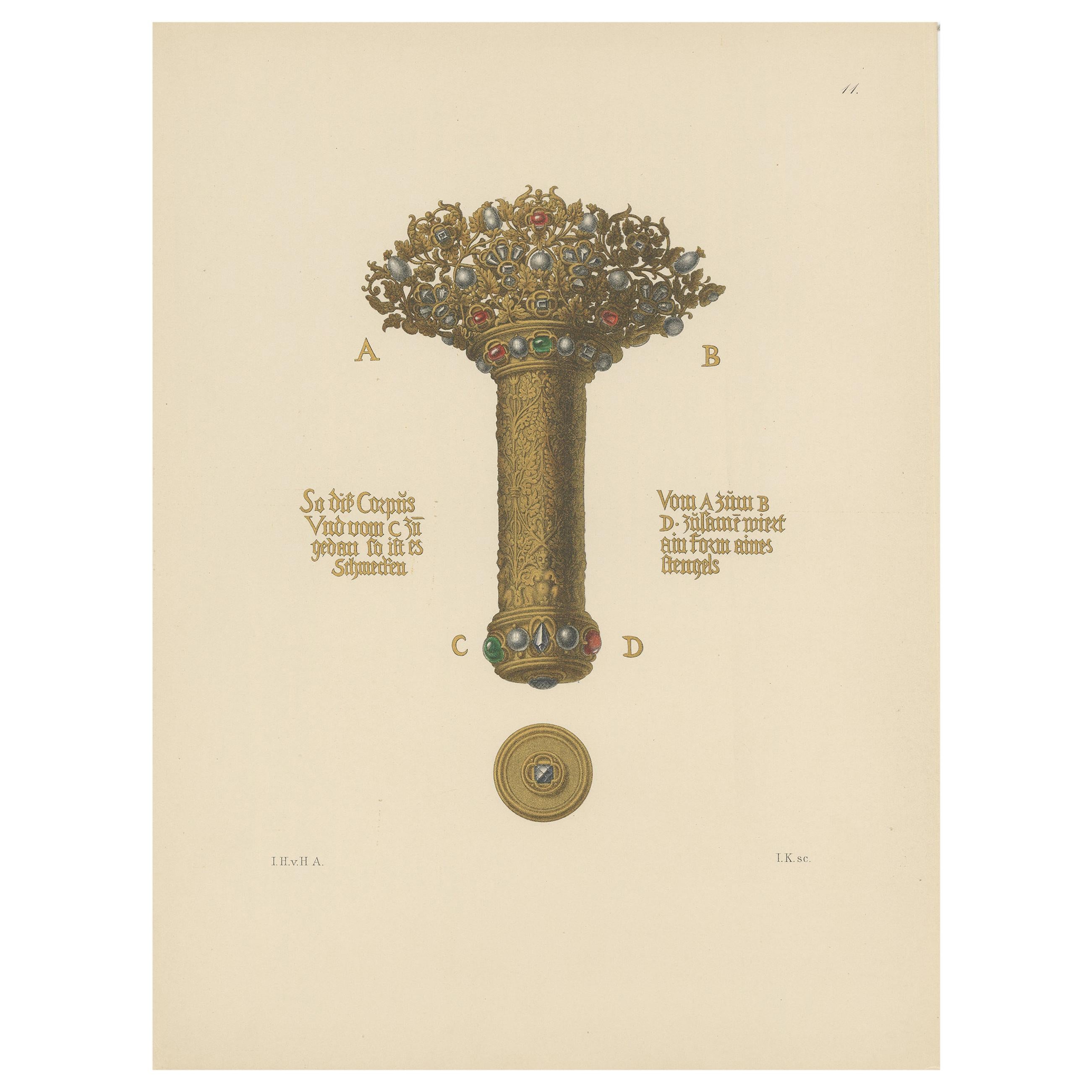 Antique Print of a Gold Bouquet Holder by Hefner-Alteneck, '1890' For Sale
