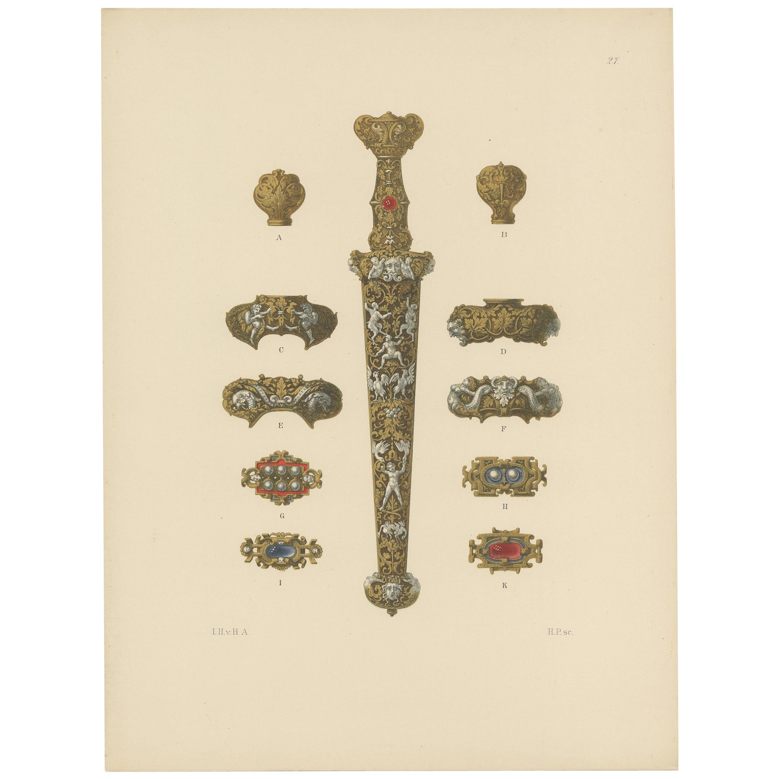 Antique Print of a Gold Dagger by Hefner-Alteneck '1890' For Sale