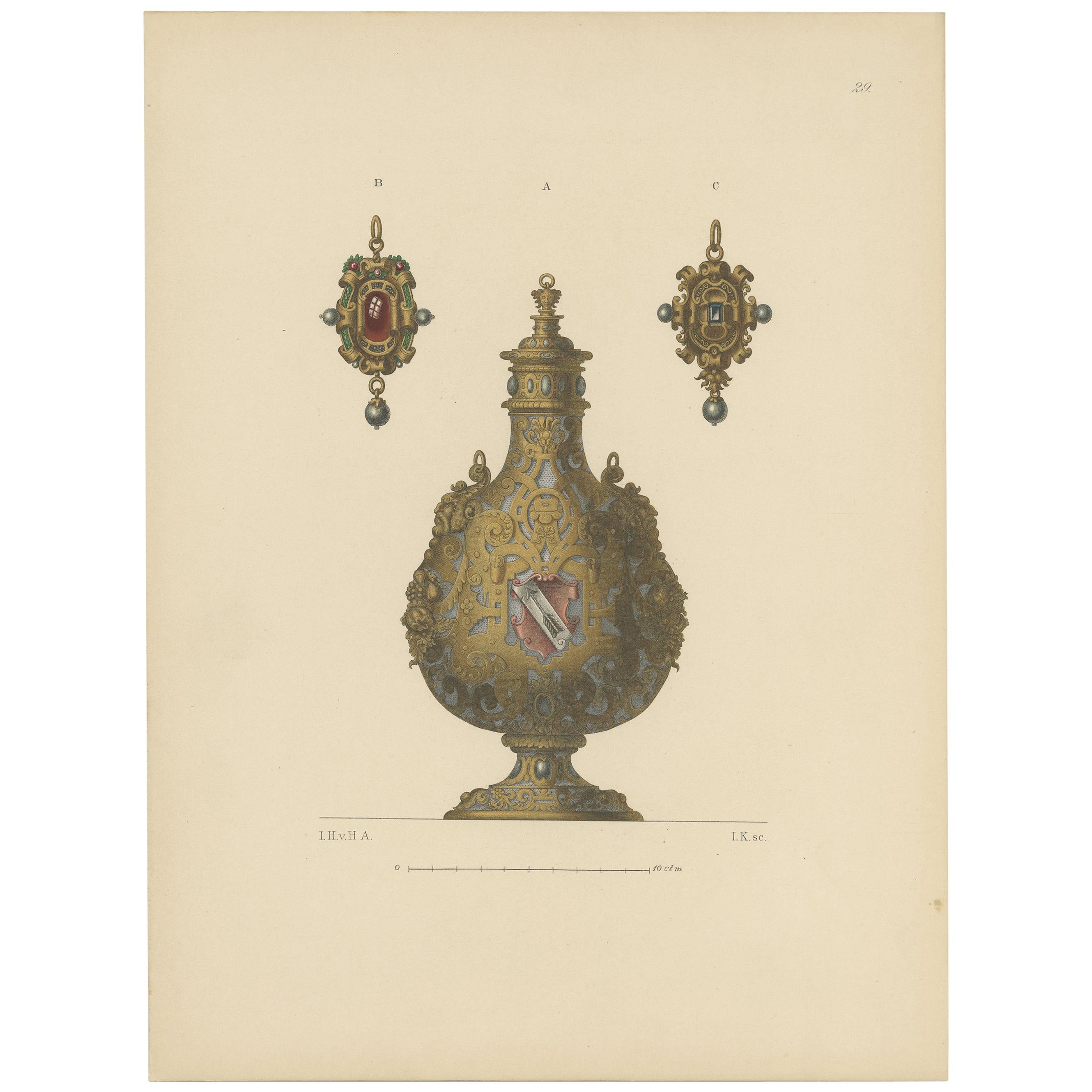 Antique Print of a Gold Flask by Hefner-Alteneck '1890' For Sale