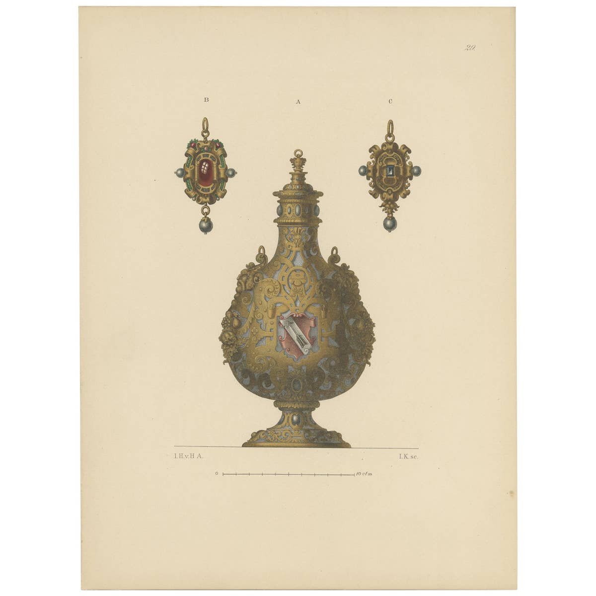 Antique Print of a Gold Flask by Hefner-Alteneck '1890'