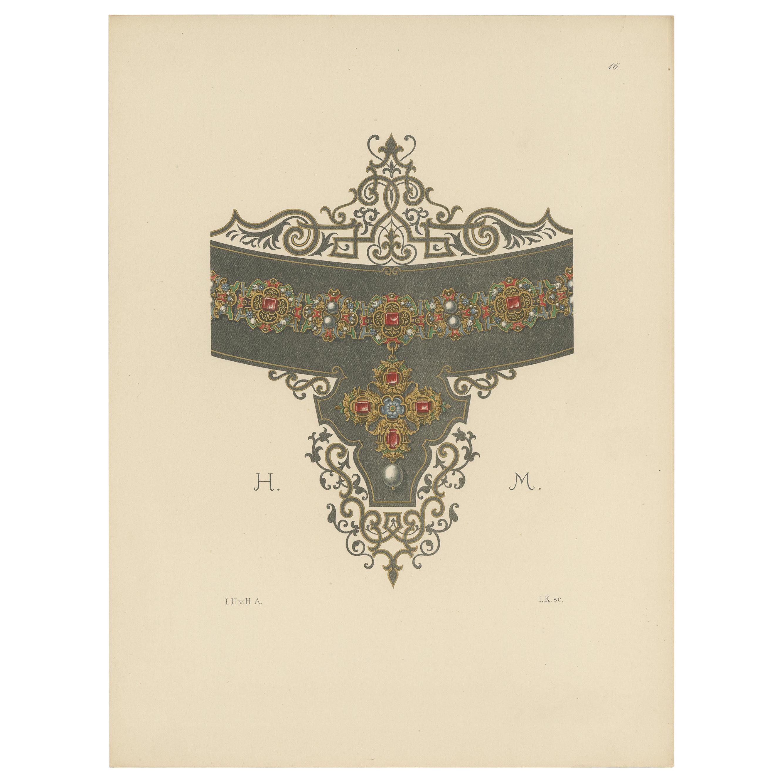 Antiker Druck einer Goldhalskette von Hefner-Alteneck '1890'