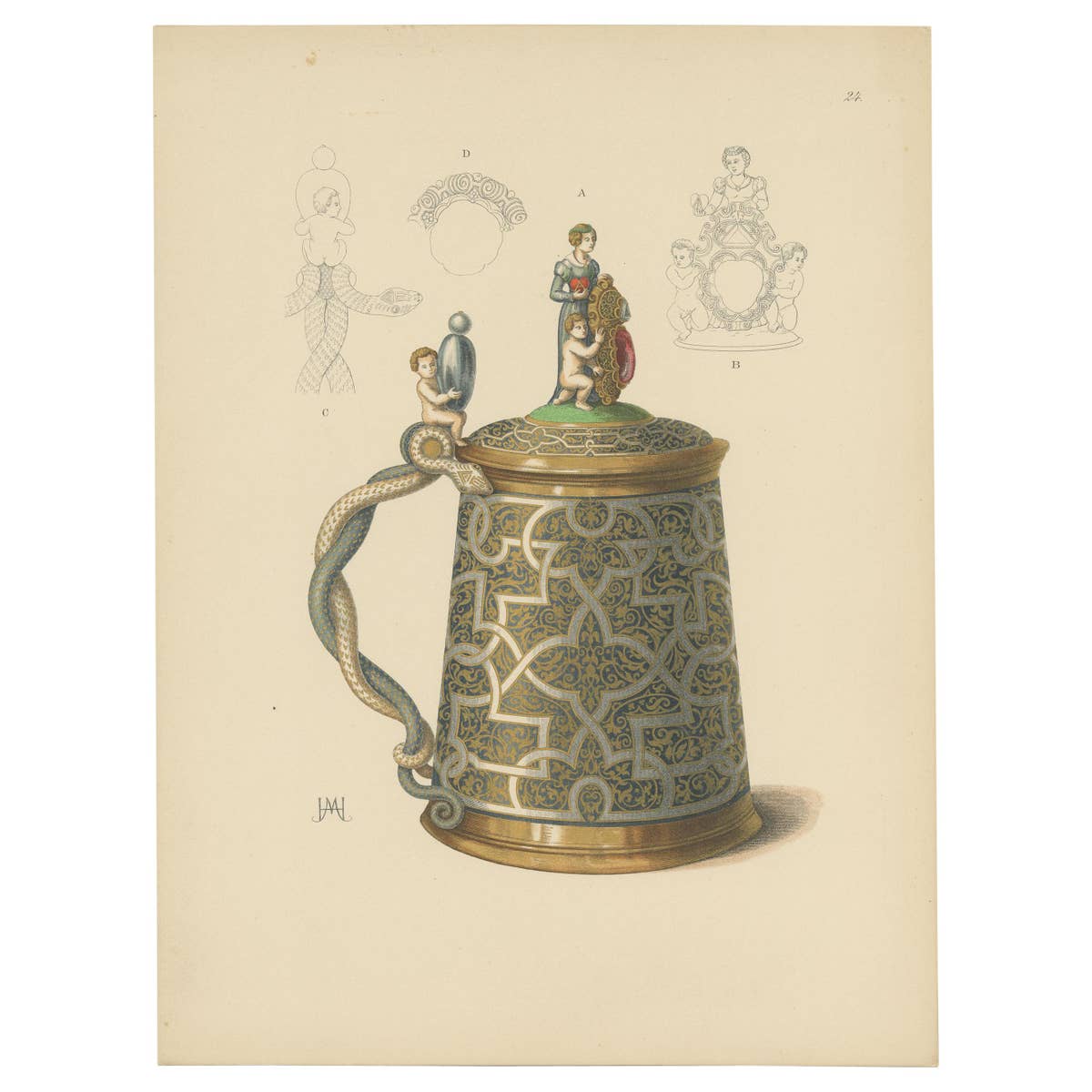 Antique Print of a Gold Pitcher by Hefner-Alteneck, '1890'