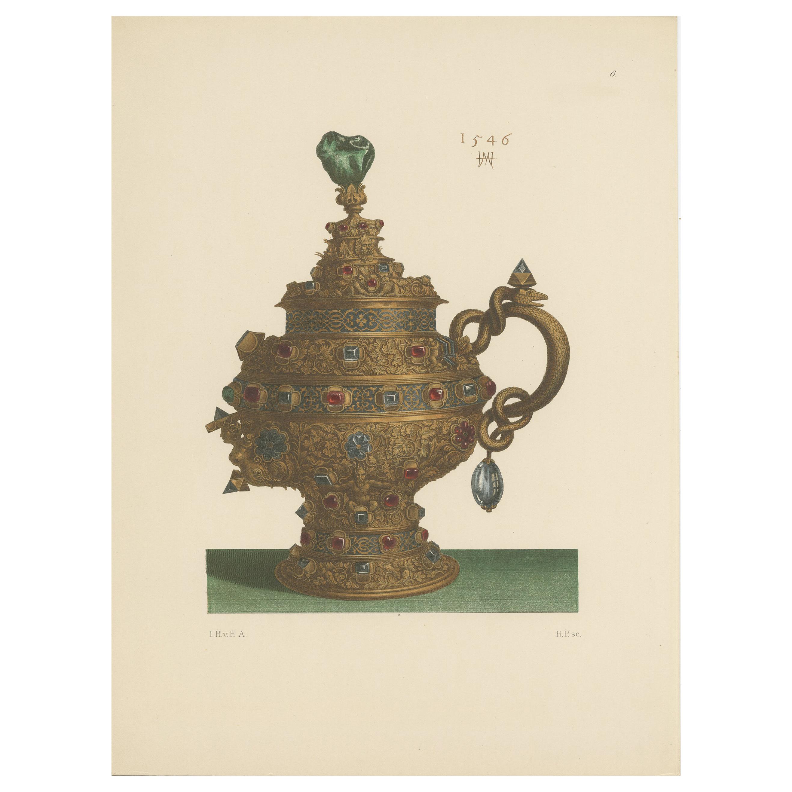 Antique Print of a Gold Pokal with Lid and Handle by Hefner-Alteneck, 1890