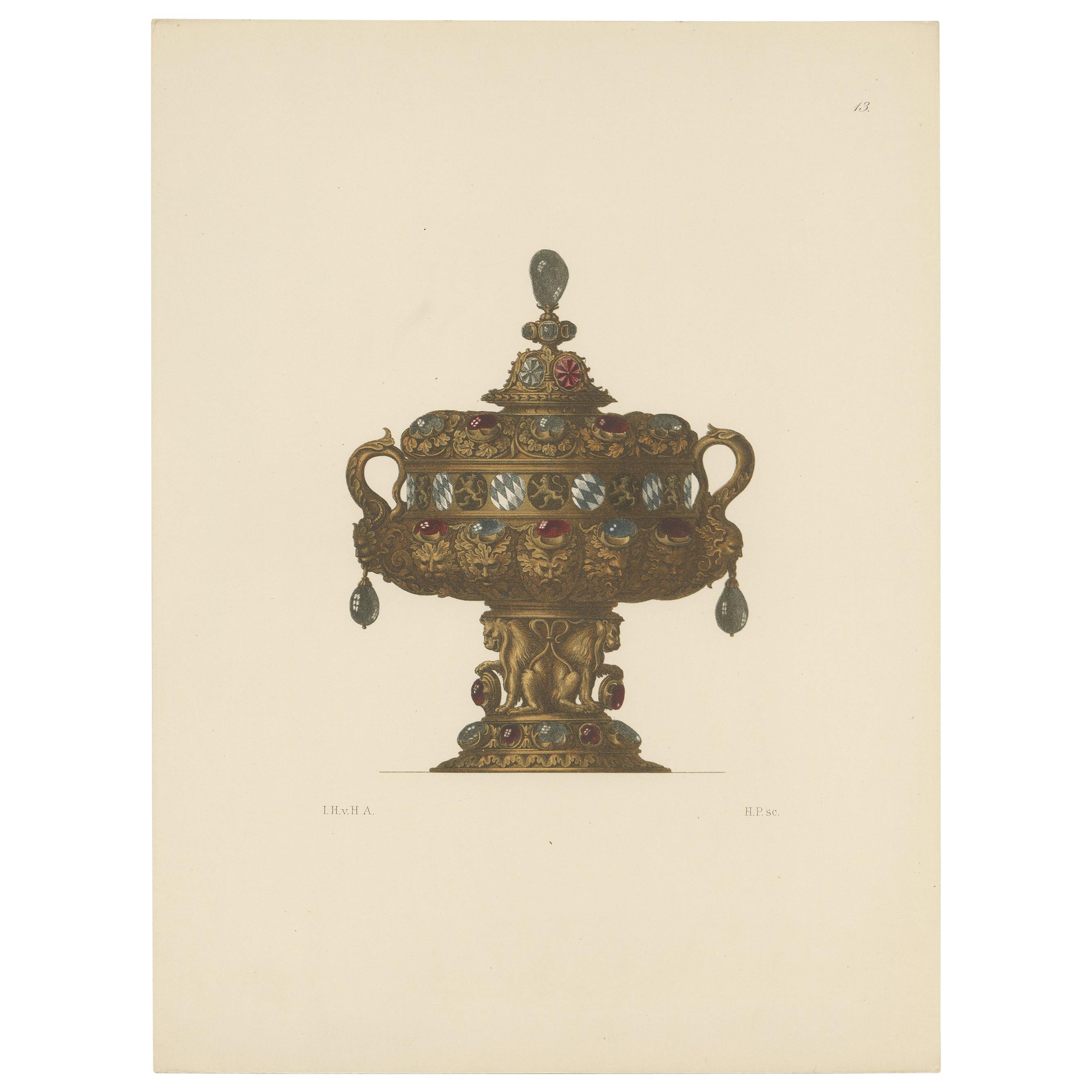 Antique Print of a Gold Vessel with Lid by Hefner-Alteneck, '1890' For Sale