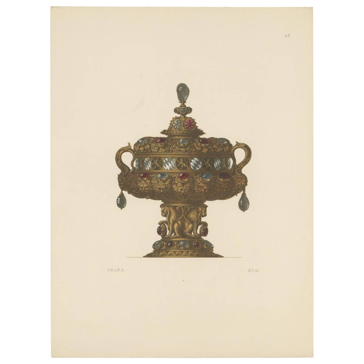 Antique Print of a Gold Vessel with Lid by Hefner-Alteneck, '1890'