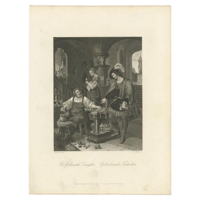 Antique print titled 'The Goldsmith's Daughter - Goldschmied's Töchterlein'. Original antique print of a goldsmith and his daughter. Source unknown, to be determined. Published circa 1850.

Artists and Engravers: Engraved by A.H. Payne after