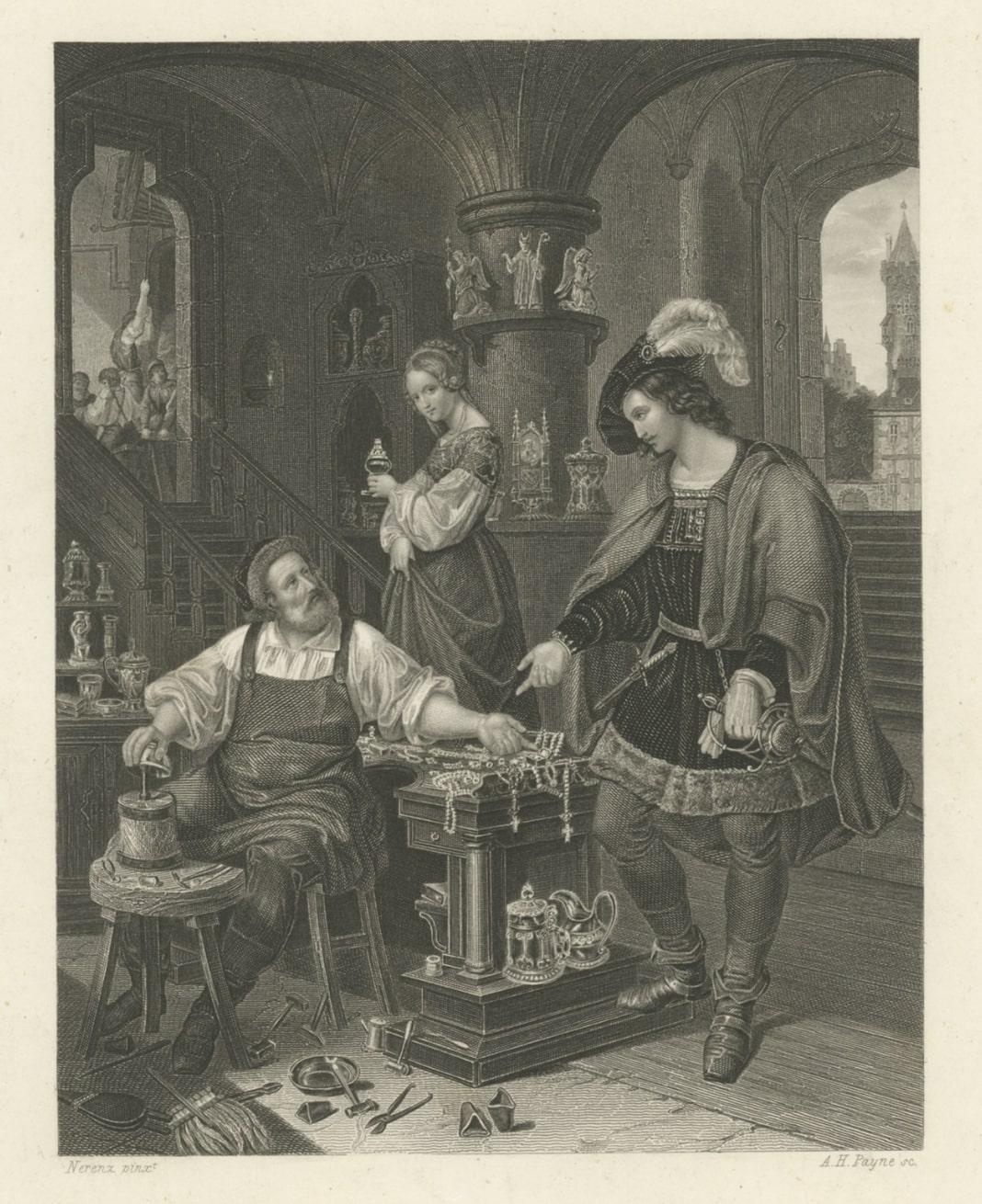 Paper Antique Print of a Goldsmith and His Daughter, circa 1850 For Sale