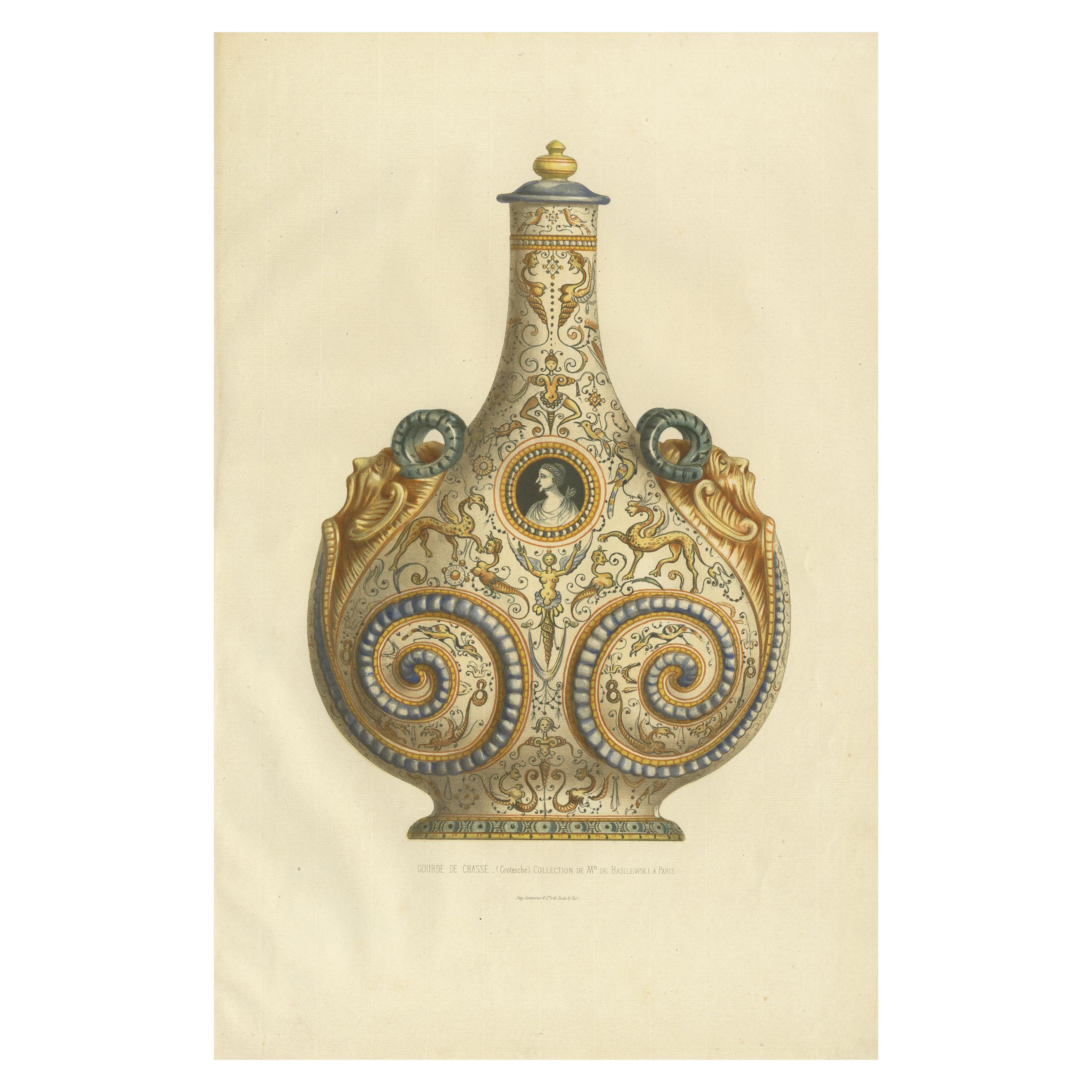 Magnifique impression décorative ancienne colorée à la main d'une gourde fabriquée en Italie en 1869