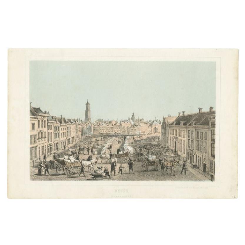 Gravure ancienne d'un marché aux grains à Utrecht, Pays-Bas, 1859