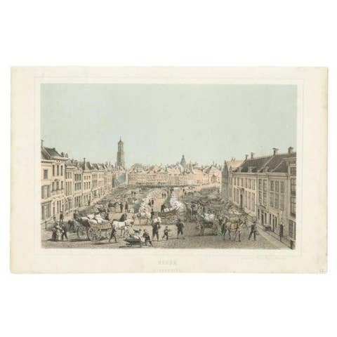 Antique Print of a Grain Market in Utrecht, the Netherlands, 1859