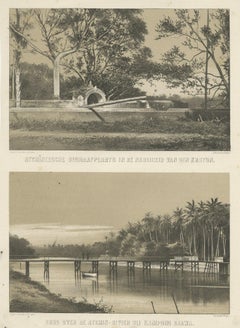 Impression ancienne d'un cimetière à Aceh et de la rivière Djawa à Sumatra, Indonésie, 1874