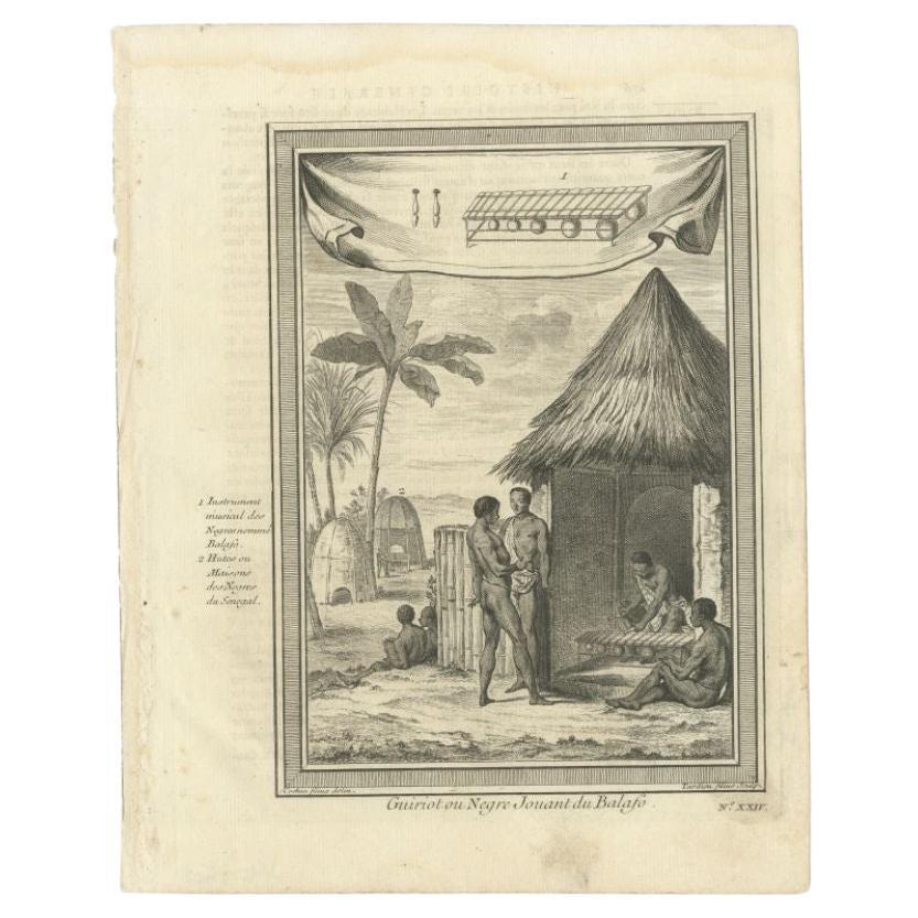 Antiker Druck eines Griot, der das Balafon spielt, Afrika, 1746 im Angebot