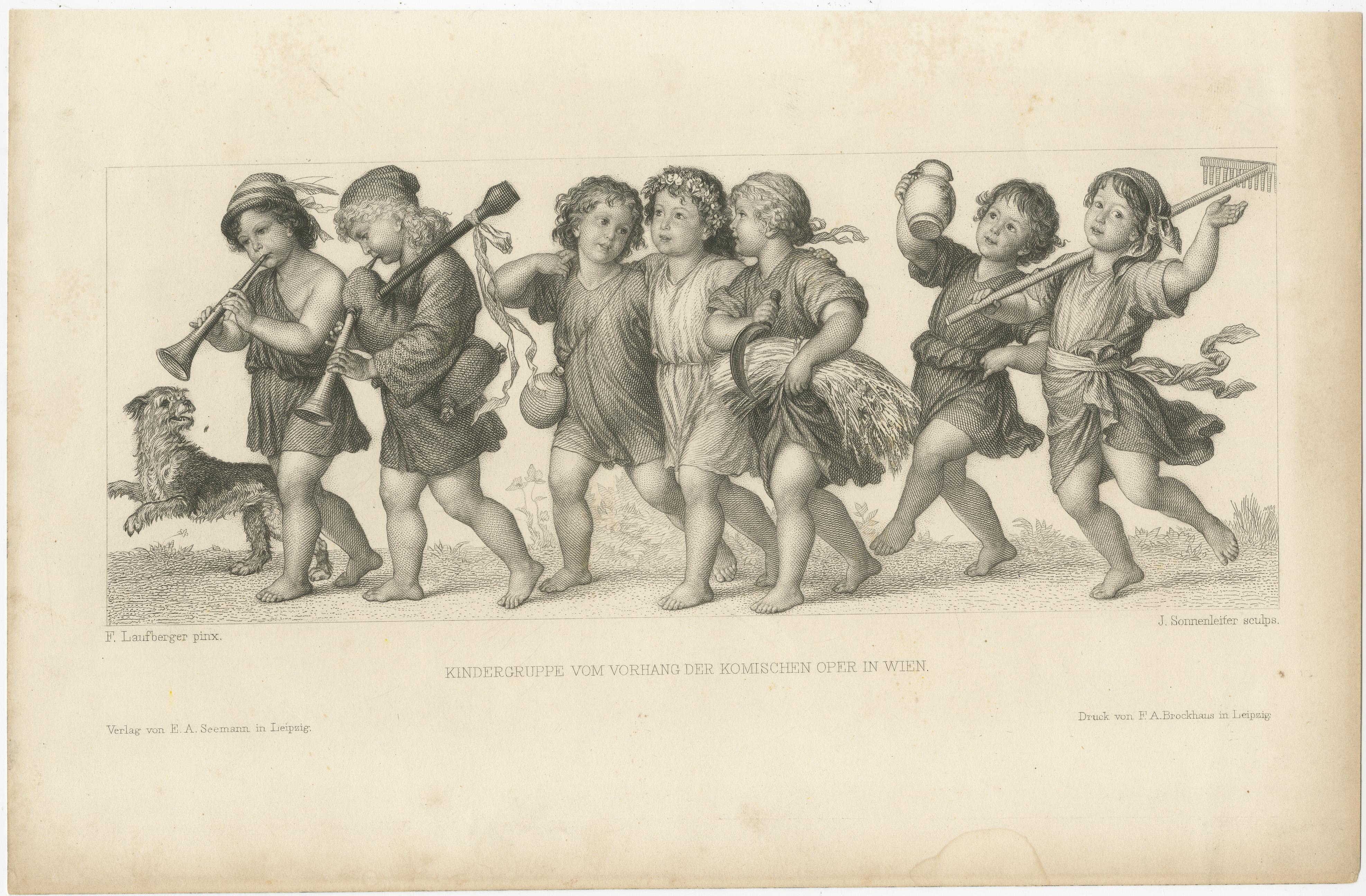Antique print titled 'Kindergruppe vom Vorhang der Komischen Oper in Wien'. This print shows part of the curtain for the comic opera in the new opera house in Vienna, it shows a group of children. 

Engraved by J. Sonnenleifer after a paiting by