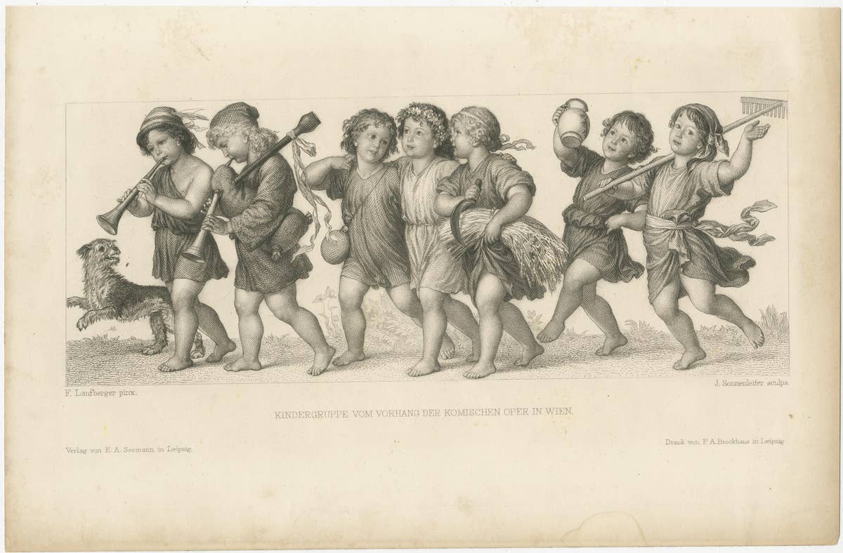 Antique Print of a Group of Children and a Dog