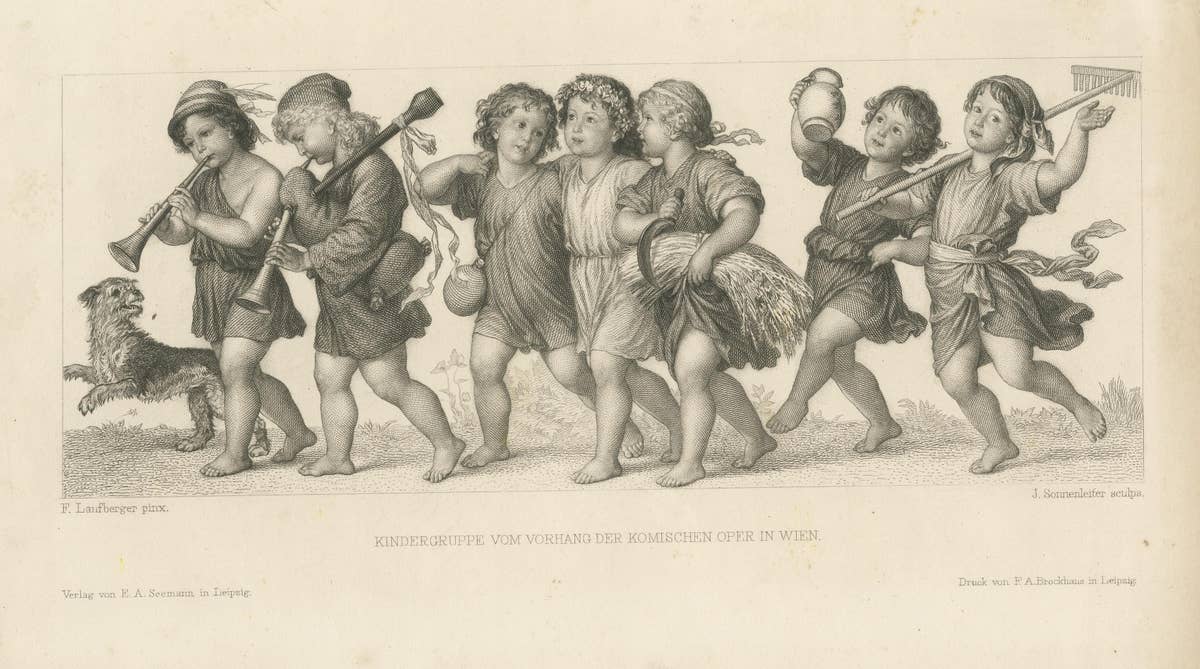 Antique Print of a Group of Children and a Dog