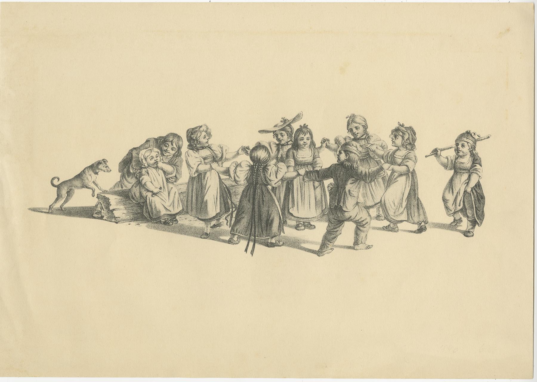 Untitled antique print of a group of children dancing in a circle. One of the children is sitting on a tree trunk comforted by a parent, a dog is watching. Source unknown to be determined. Published circa 1840.