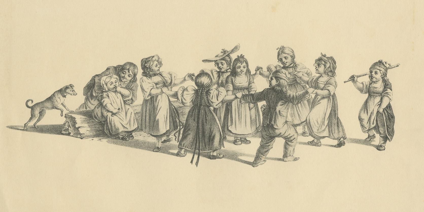 Antique Print of a Group of Children Dancing in a Circle In Good Condition For Sale In Langweer, NL