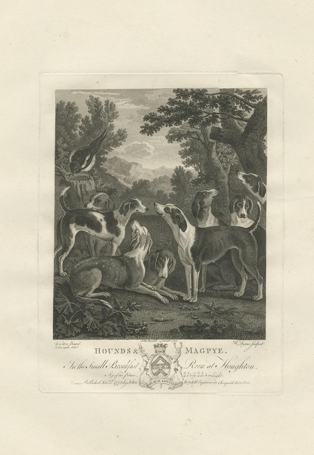 Antique print titled 'Hounds & Magpye'. Large-sized original antique print of a group of hounds, including one in profile to left in front of two lying on the ground, looking up at a magpie which is perched on a tree-stump to left, trees behind to
