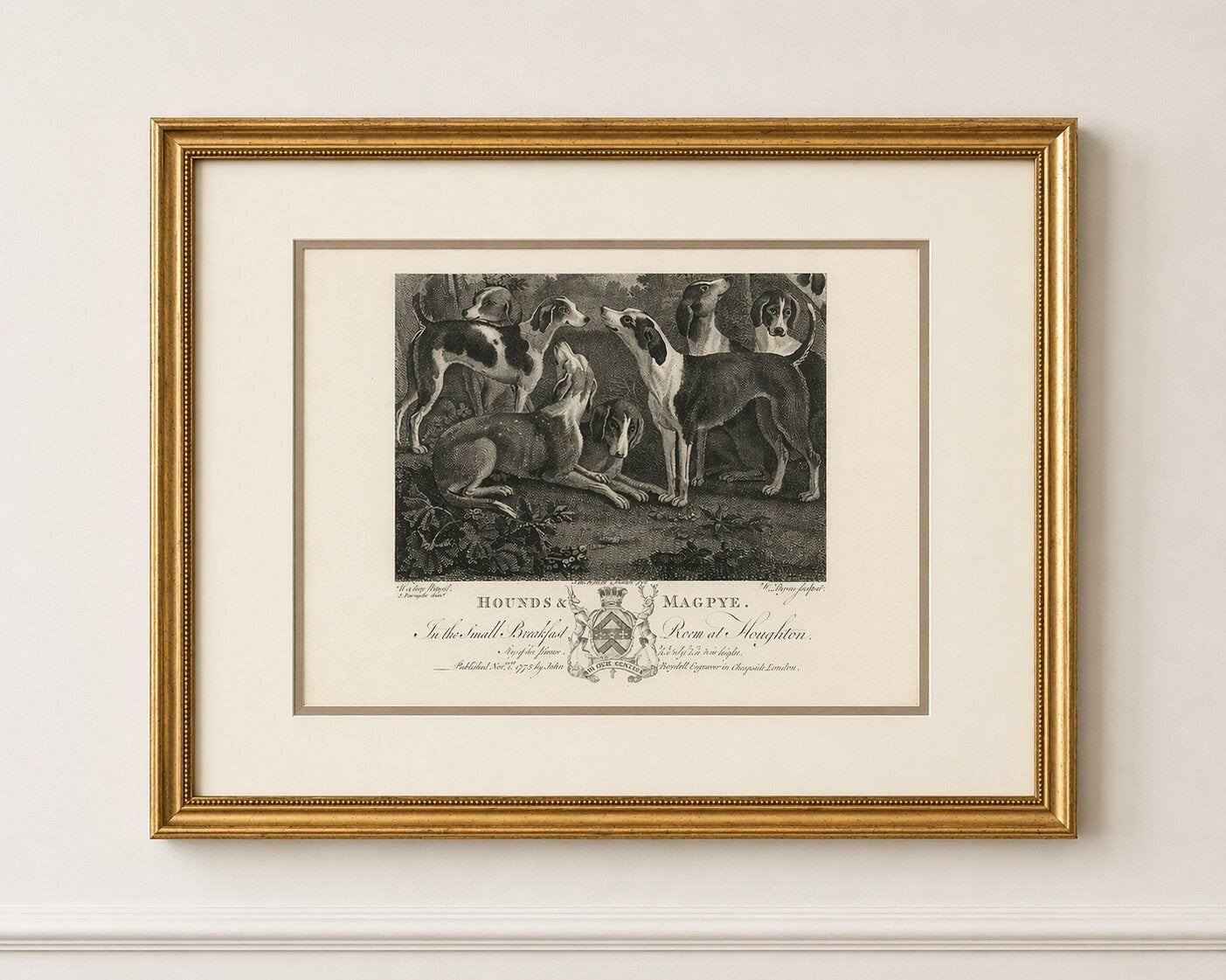 Hounds & Magpye Antique Engraving, English Sporting Art, 1775 For Sale