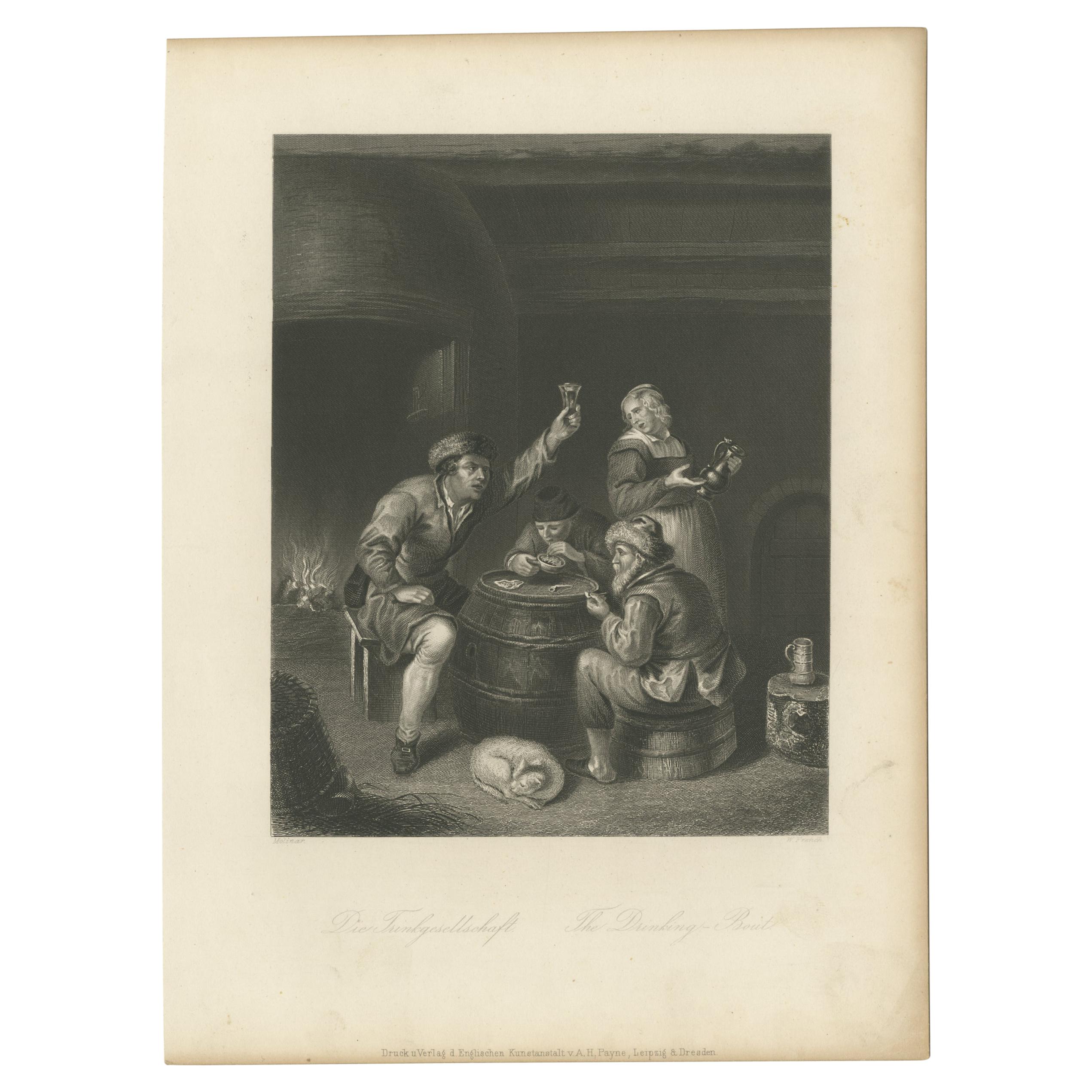 Antique Print of a group of People Drinking by Payne 'c.1850' For Sale
