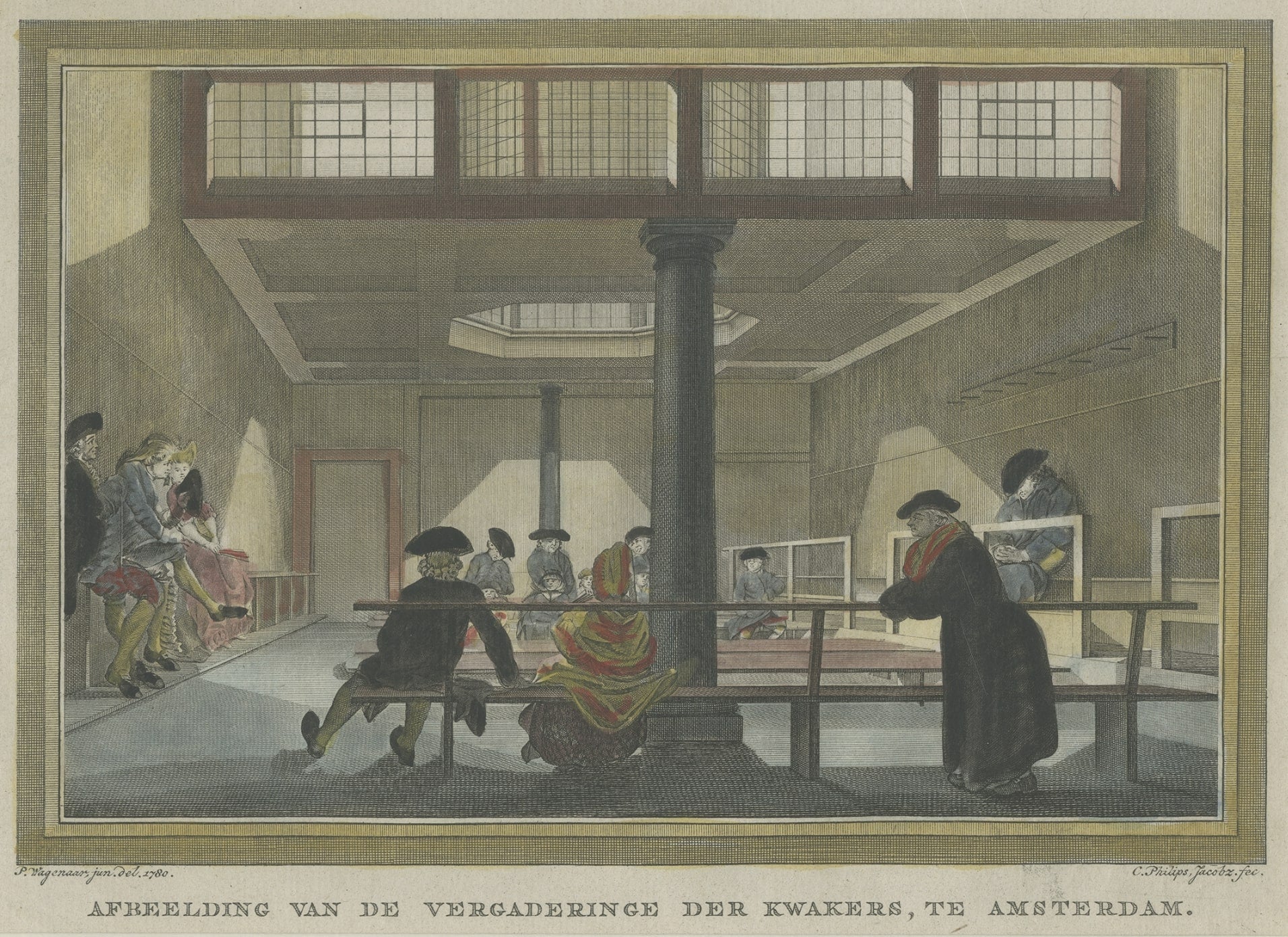 Description: Antique print titled 'Afbeelding van de Vergaderinge der Kwakers, te Amsterdam'. 

This print shows a group of Quakers meeting in a church in Amsterdam, the Netherlands. Published circa 1790.

Artists and Engravers: Engraved by
