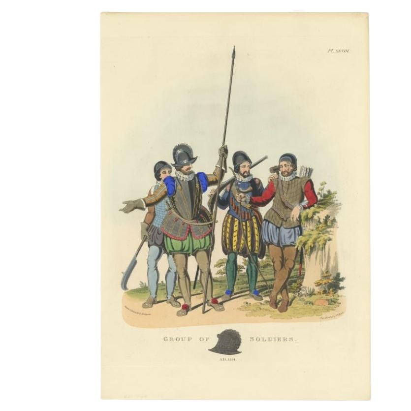 Antique Print of a Group of Soldiers, 1842 For Sale