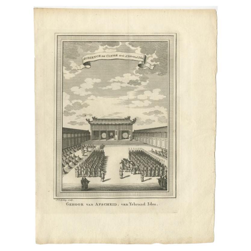 Antique print titled 'Audience de Conge tirée d'Isbrand Ides - Gehoor van Afscheid, van Ysbrand Ides'. Copper engraving of a guard of honour during a farewell ceremony, described by Eberhard Isbrand Ides (Evert Ysbrants (Ysbrandsszoon) Ides,