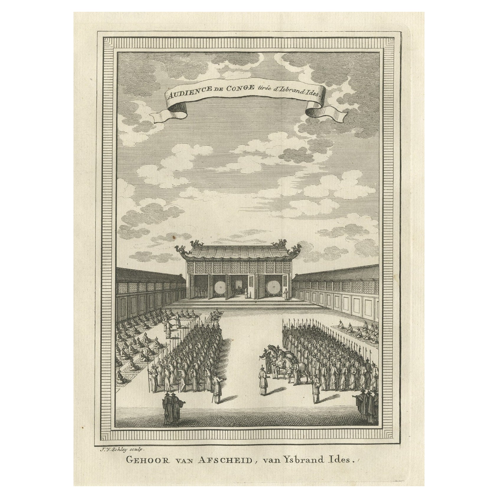 Antiker Druck einer Ehrengarderobe für das Farewell von Isbrand Ides, China, 1749
