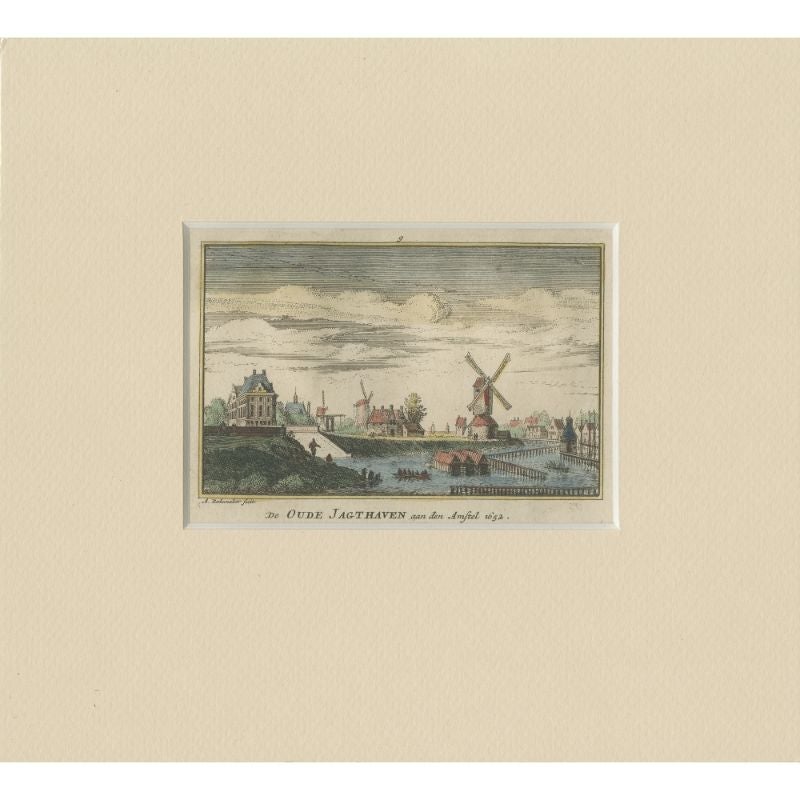 Impression ancienne d'un port près de la rivière Amstel à Amsterdam, vers 1730 en vente