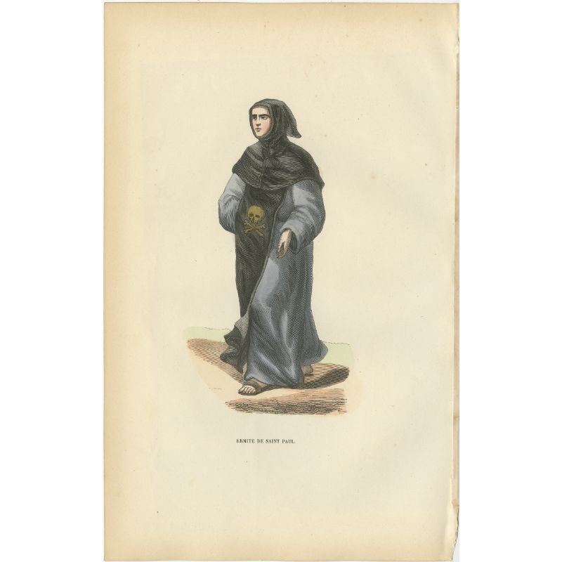 Antique Print of a Hermit of Saint Paul with a Skull on his Coat, 1845