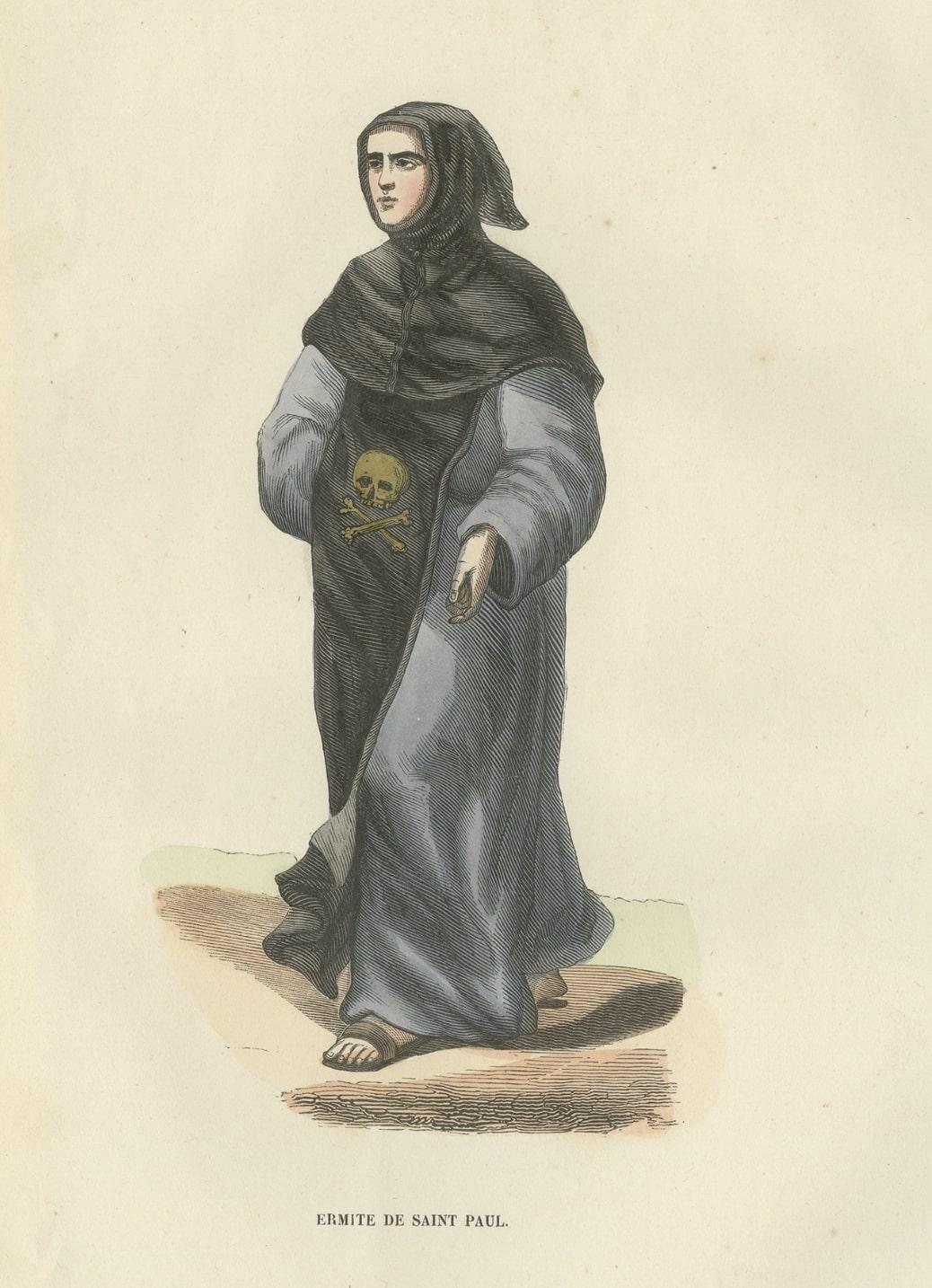 Antique Print of a Hermit of Saint Paul with a Skull on his Coat, 1845