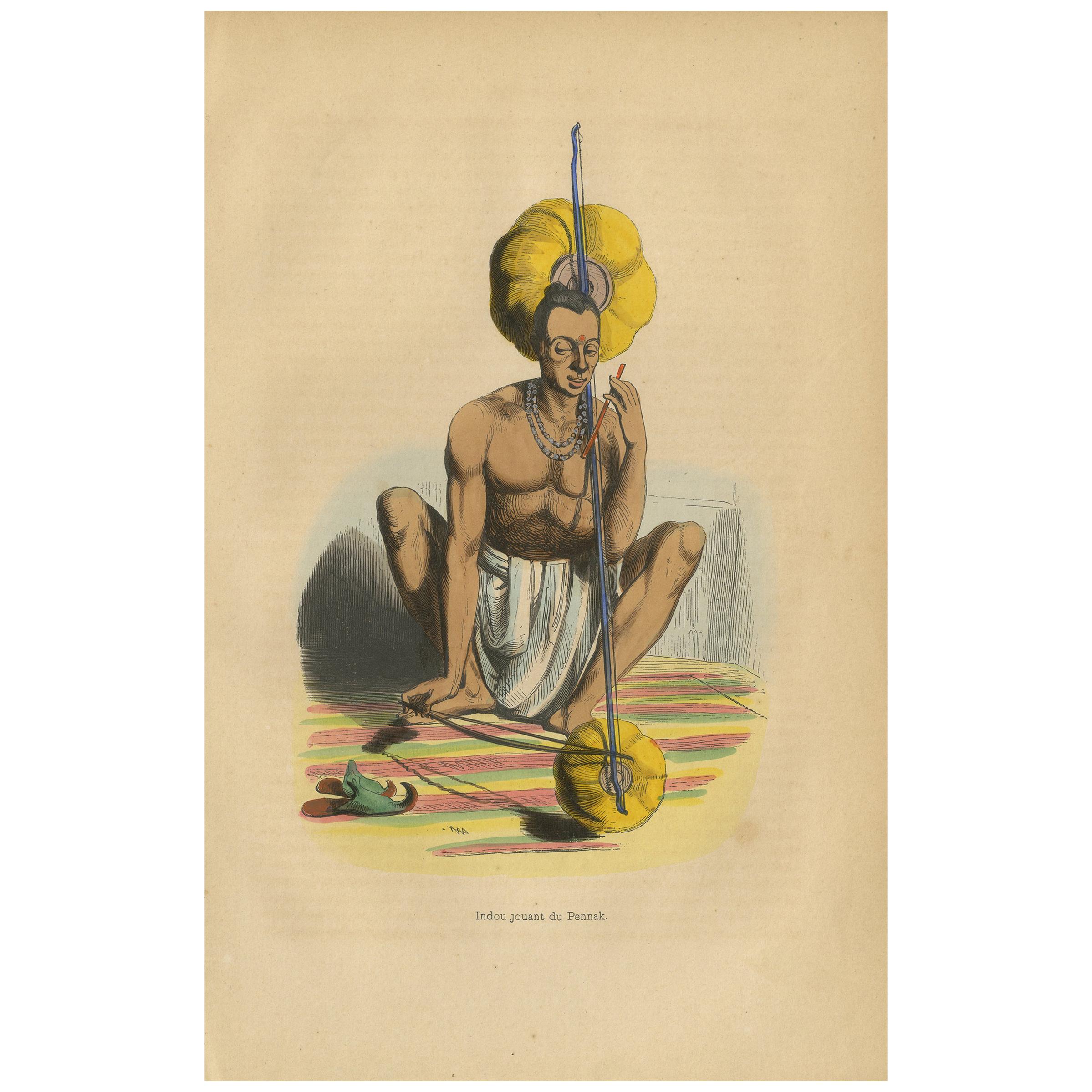 Antique Print of a Hindu Musician by Wahlen '1843'