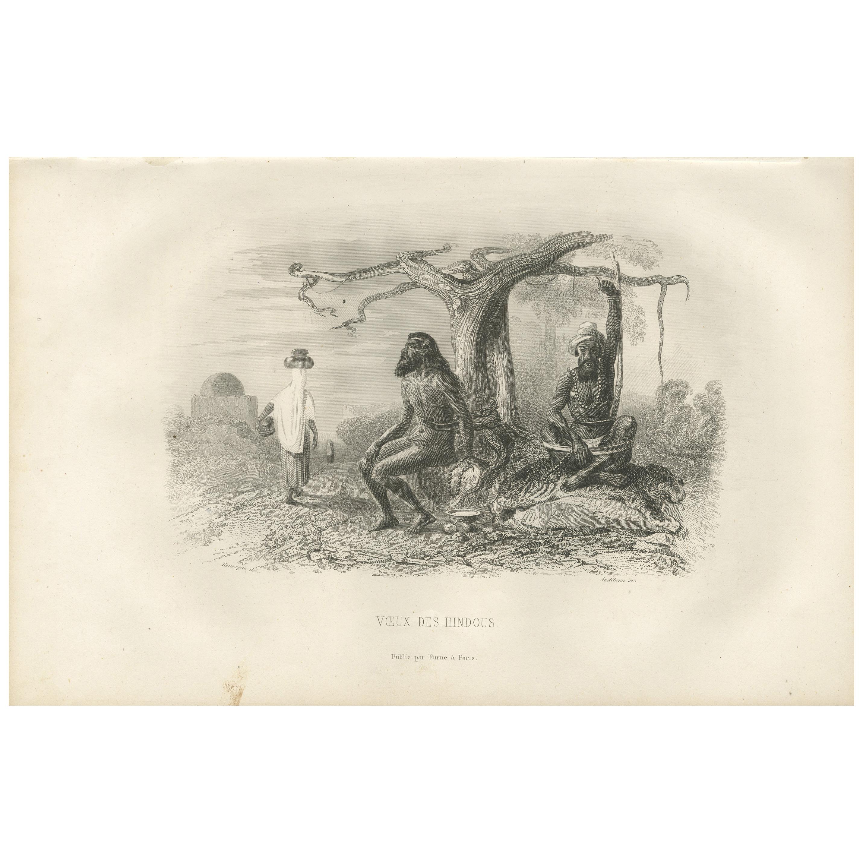 Antique Print of a Hindu Ritual by D'Urville, '1853'