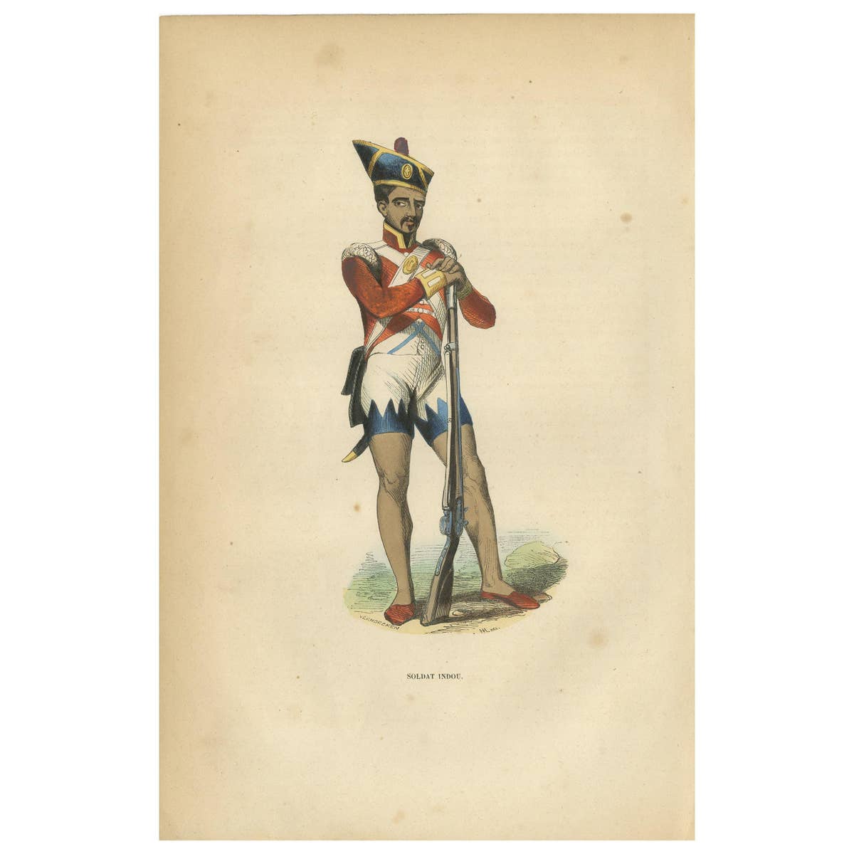 Antique Print of a Hindu Soldier by Wahlen, '1843'