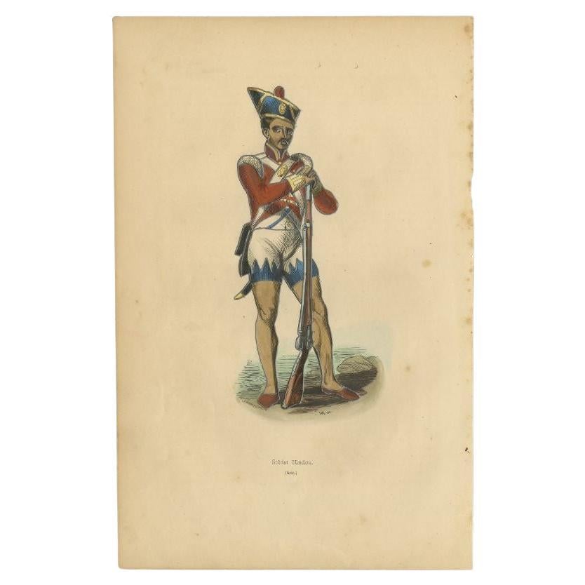 Antique Print of a Hindu Soldier with Riffle, 1843