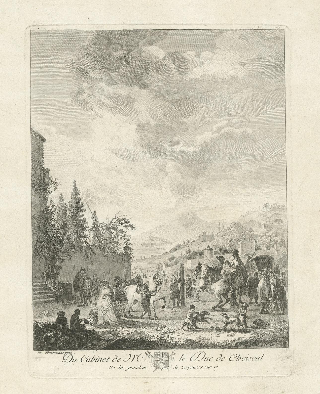 Antiker Druck mit dem Titel 'Du Cabinet de Mr. Le Duc de Choiseul'. Kupferstich nach dem Originalgemälde von Philips Wouwerman. Schauplatz einer Pferdemesse. Quelle unbekannt, muss noch ermittelt werden.