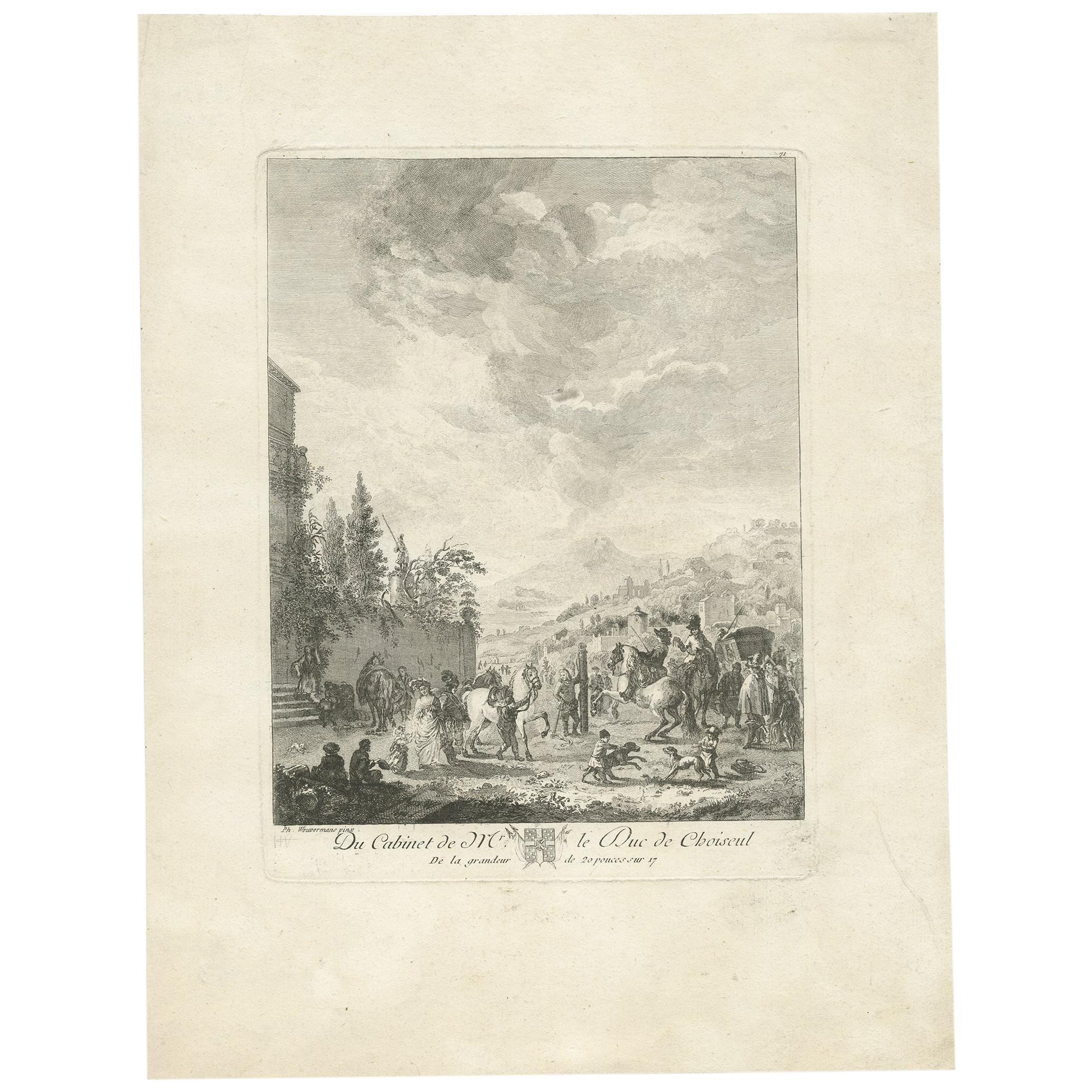 Estampa antigua de una feria de caballos realizada según Wouwerman, 'circa 1780'