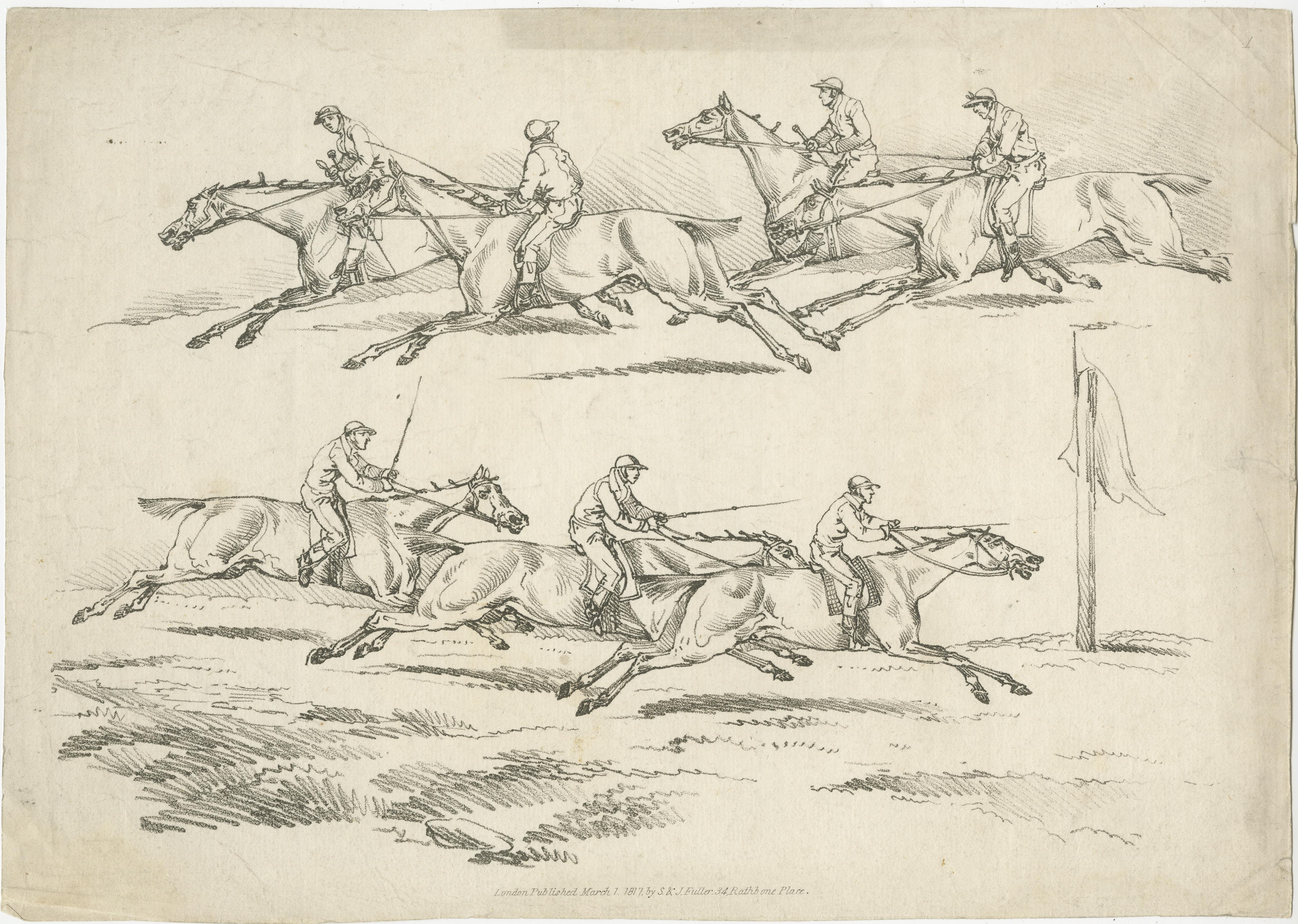Decorative antique engraving of a horse race by Alken, Henry Thomas, 1784-1851 (Engraver). Originates from 'Sporting sketches: consisting of subjects relating to sports of. the whole illustrative of landscape scenery'. Published by S. and J. Fuller.