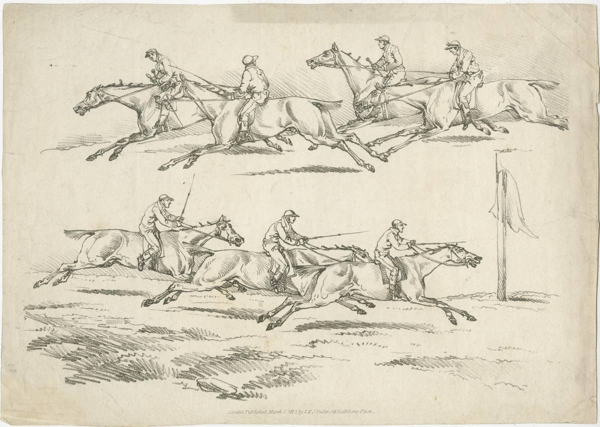 Original Uncolored Antique Engraving of a Horse Race in England, 1817
