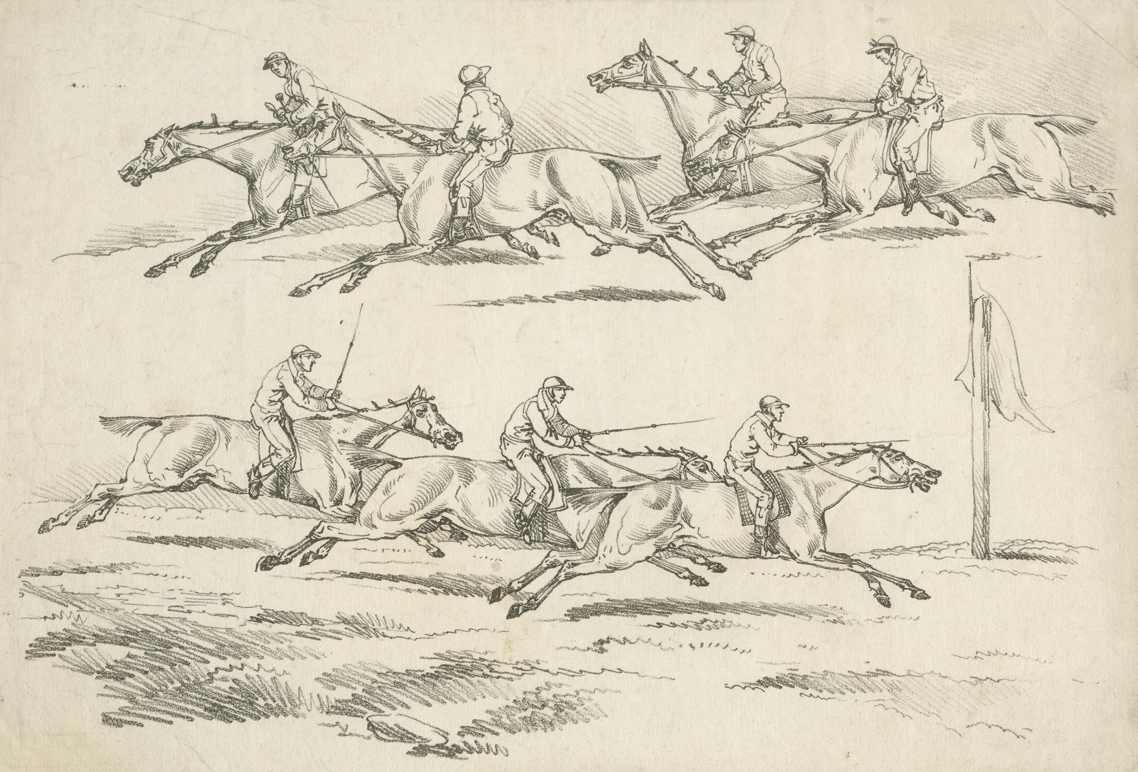 Original Uncolored Antique Print of a Horse Race in England, 1817 In Fair Condition For Sale In Langweer, NL