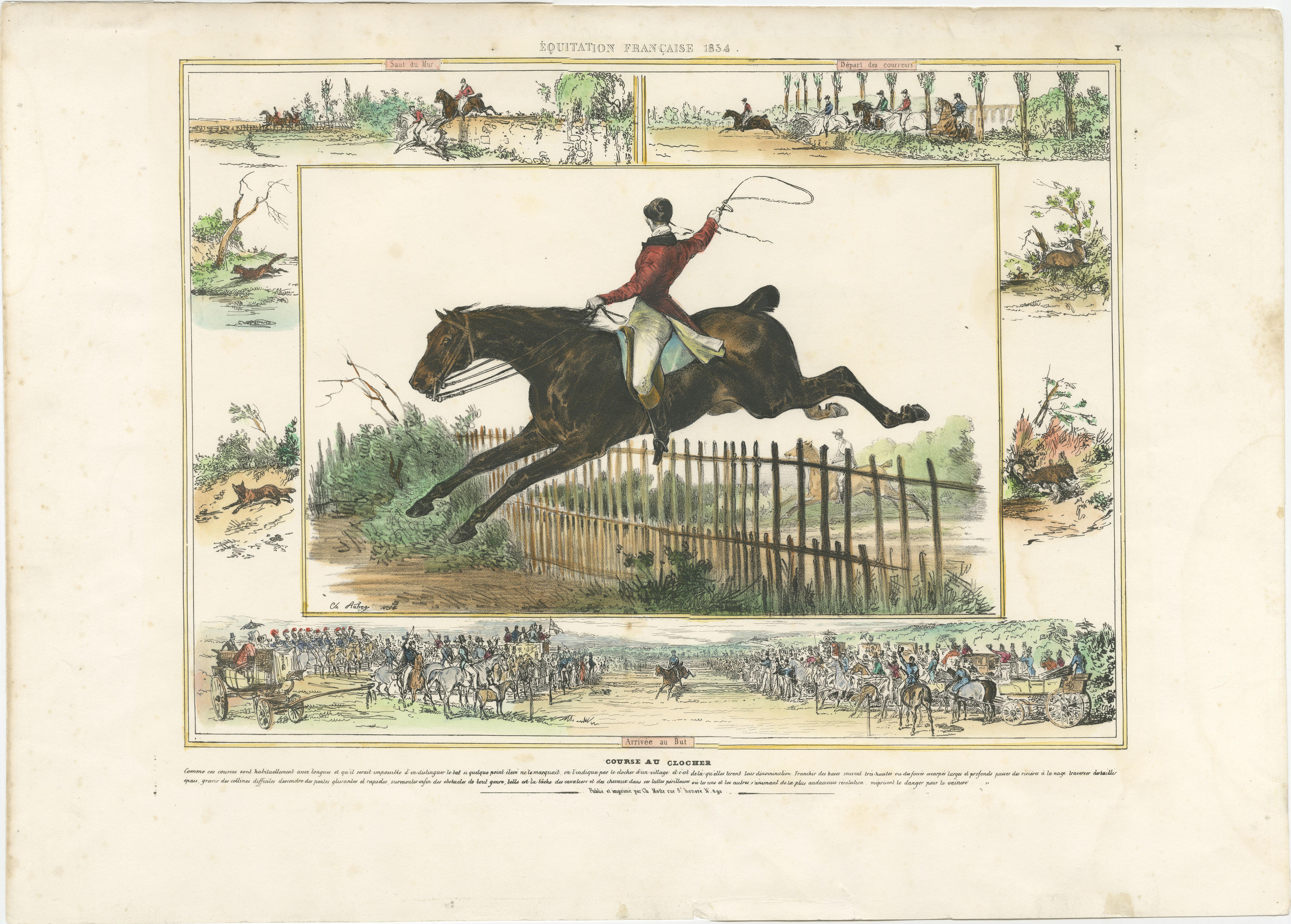 Antique print titled 'Équitation Francaise 1834 (.) Course au Clocher (.)'. Original lithograph of a horse race. Published by Ch. Motte, circa 1830.