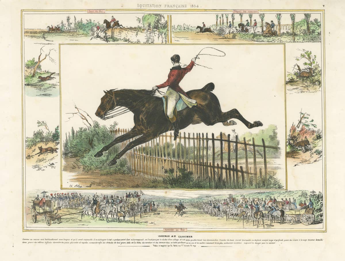 Antique Print of a Horse Race with Different Scenes