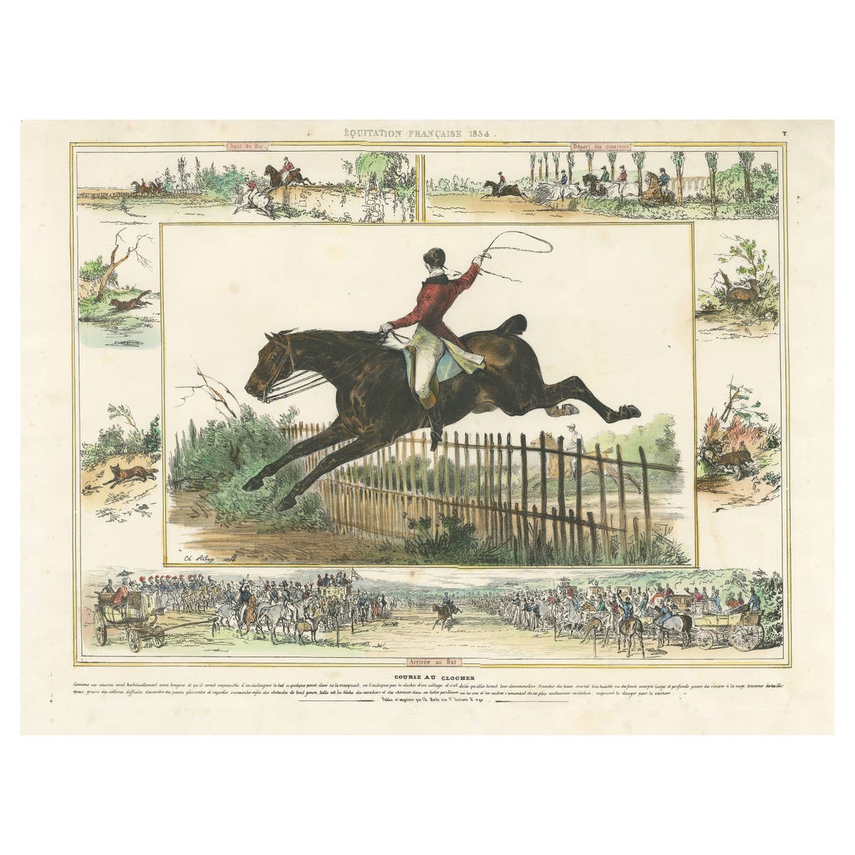 Antique Print of a Horse Race with Different Scenes