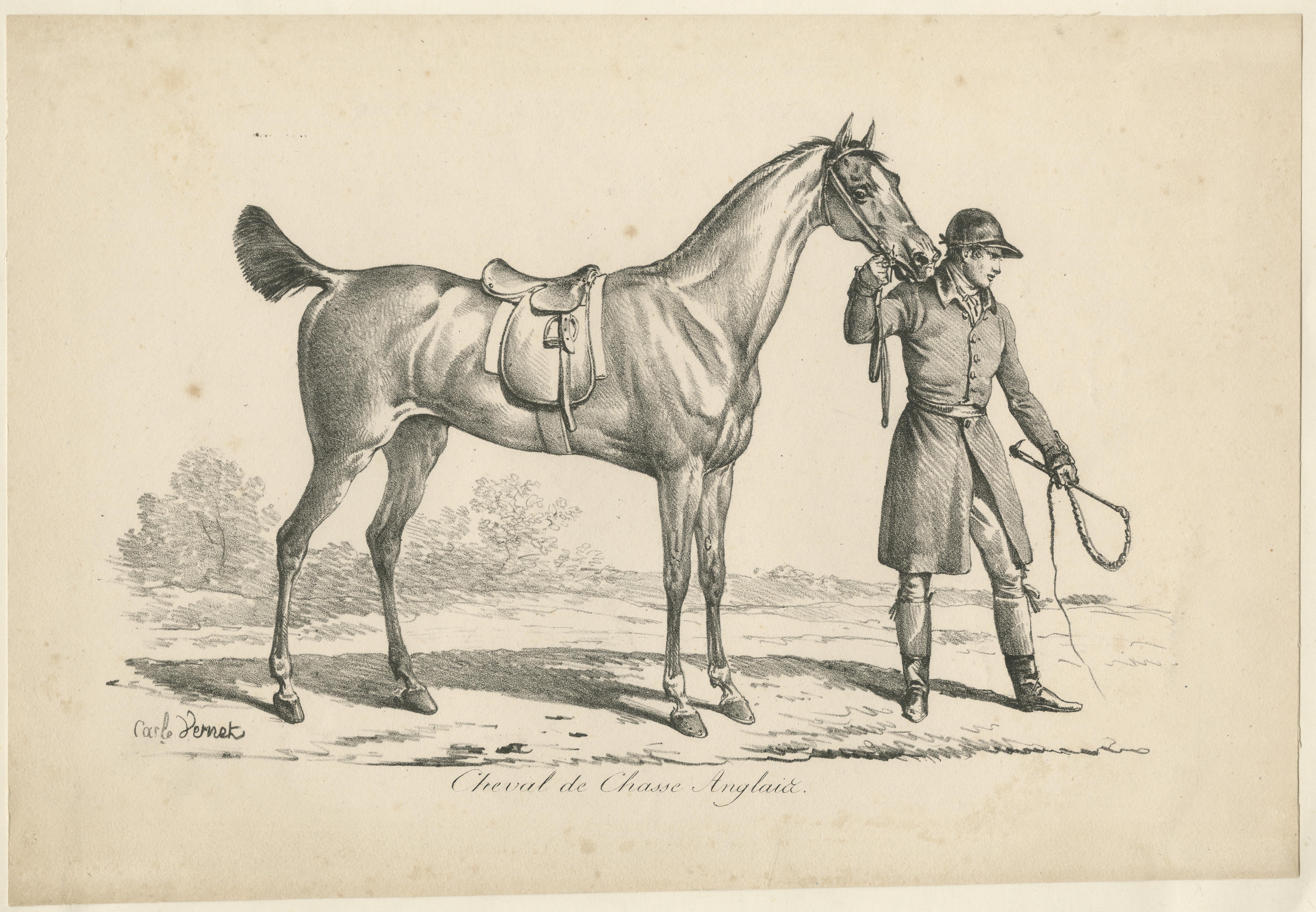 Antique print titled 'Cheval de Chasse Anglaise'. Original old print of a horse used for hunting in England. Made after a painting by Carle Vernet. Published circa 1890.