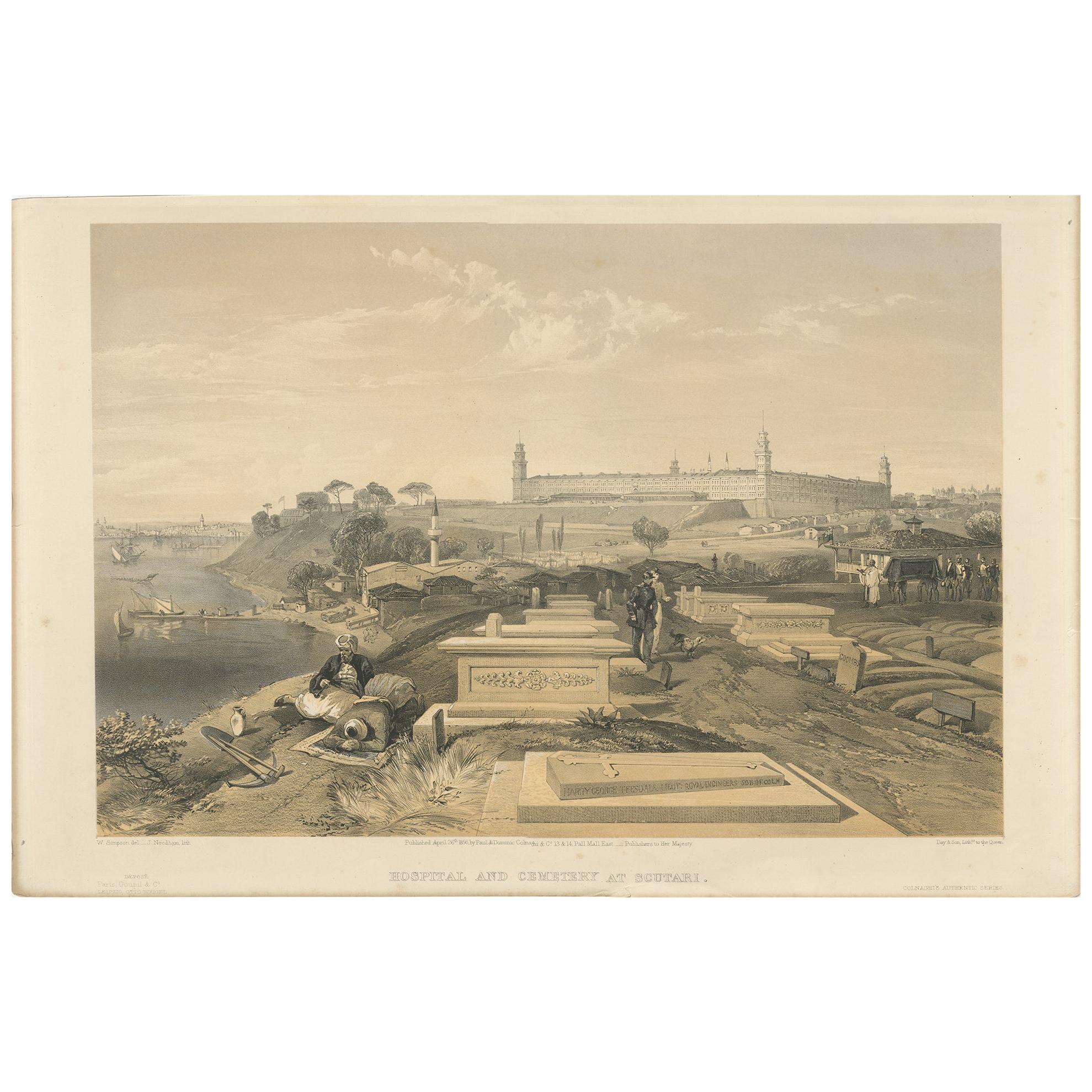 Impression ancienne d'un hôpital et d'un cimetière à Scutari par Colnaghi, 1856 en vente