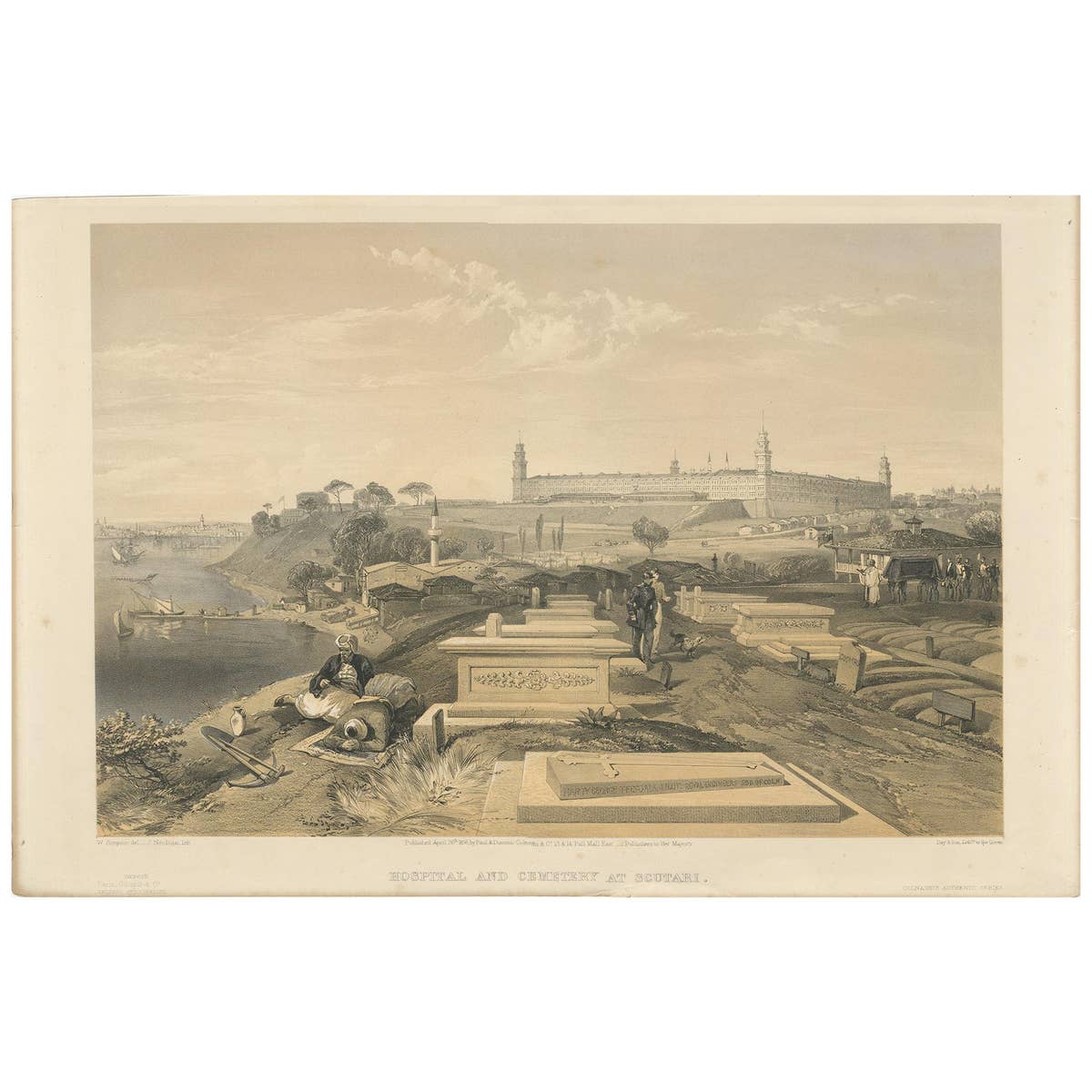 Antique Print of a Hospital and Cemetery at Scutari by Colnaghi, 1856