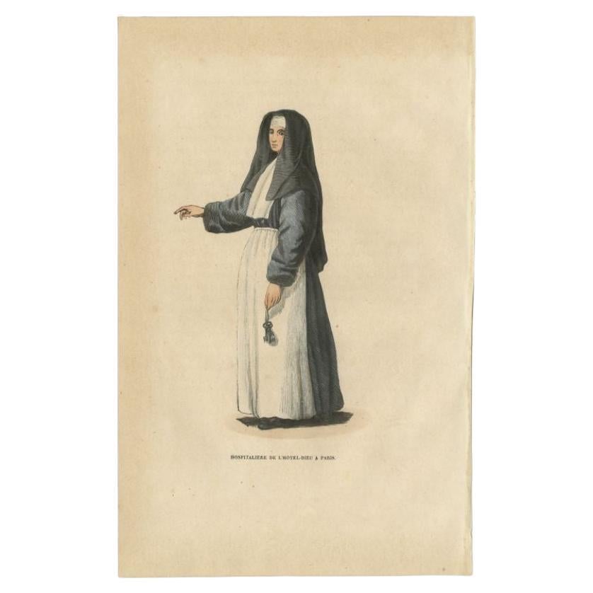 Antique print titled 'Hospitaliere de l'Hotel-Dieu a Paris'. Print of a Hospitaller Nun of the Hotel-Dieu a Paris. This print originates from 'Histoire et Costumes des Ordres Religieux'.
 
 Artists and Engravers: Author: Abbé Tiron. 
 
