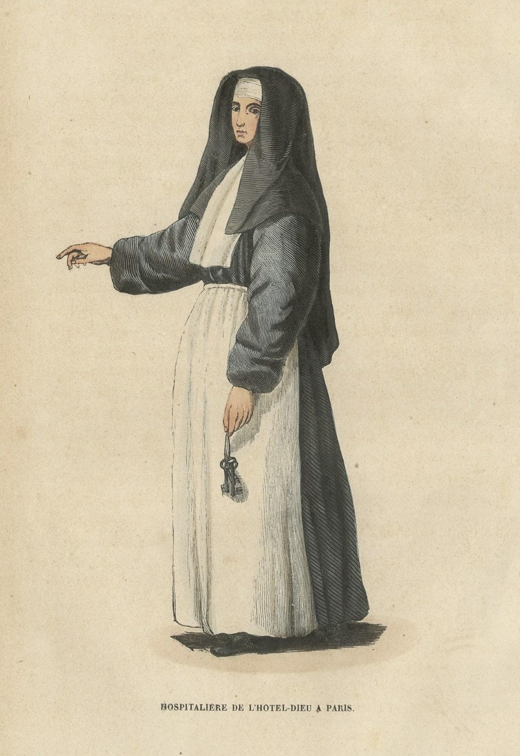 Paper Antique Print of a Hospitaller Nun of the Hotel-Dieu a Paris, 1845 For Sale