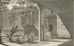 Impression ancienne d'une maison et d'une cour au Grand Caire en Égypte, 1835